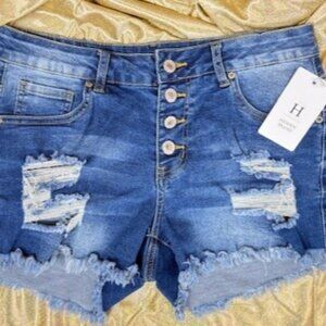 High-Waisted Distressed Denim Shorts | Button Fly | Frayed Hem